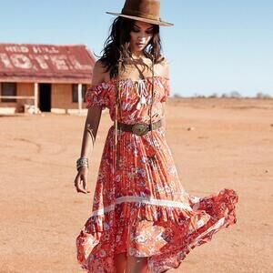 Spell Revolver Kerchief Dress S Orange Floral Bohemian Romantic Cottagecore
